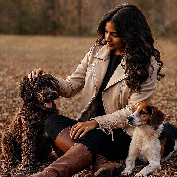 Excellent condition- Beige Faux-Leather Moto Jacket — Quilted Sleeves - Picture 1 of 8
